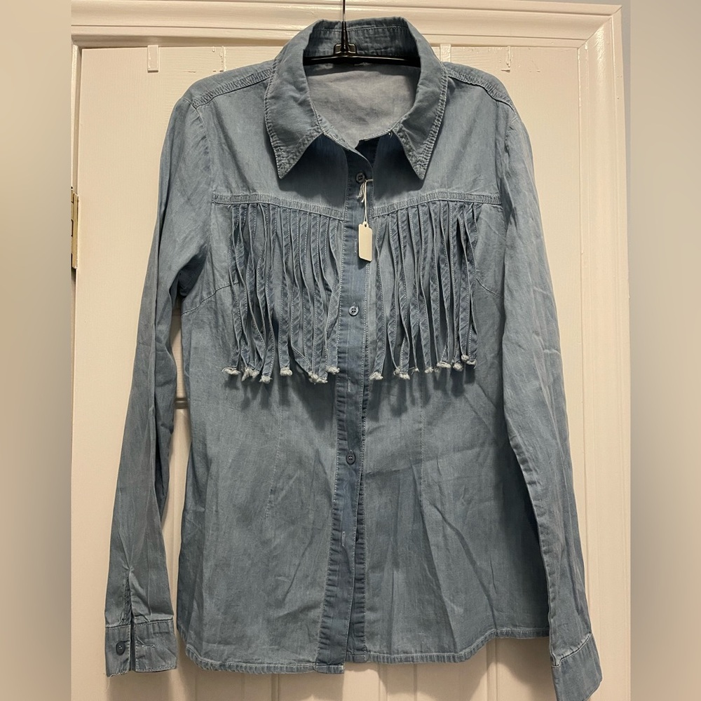 Fringed blue jean shirt